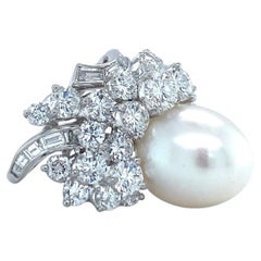 Mid-Century Platinum Diamond Cluster Ring with South Sea Pearl, 4.95ctw F-G VS1