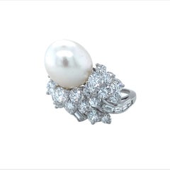 Mid-Century Platinum Diamond Cluster Ring with South Sea Pearl, 4.95ctw F-G VS1