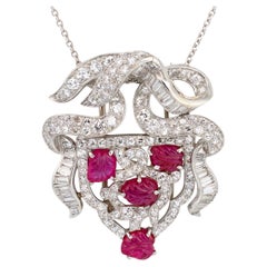Art Deco Carved Burmese Ruby and Diamond Platinum Convertible Pendant, Circa 192