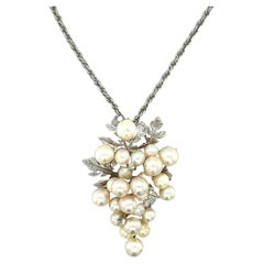 14K White Gold Pearl Grape Cluster Pendant Necklace, Circa 1950s