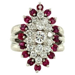 Diamond and Ruby Cluster Ring, 14K White Gold, Circa 1960s