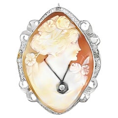 Edwardian Shell Cameo Brooch with Diamond Accent, 14K Gold Filigree