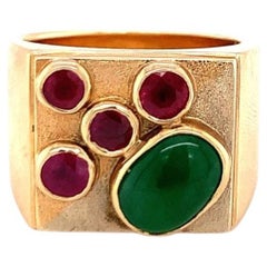Retro 18K Gold Jade and Ruby Ring, Circa 1940s, Statement Piece