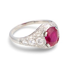 Art Deco Unheated Burmese Ruby and Diamond Platinum Ring, AGL Certified, Circa 1