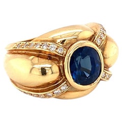 Bezel-Set 2.75ct Sapphire Cocktail Ring with 0.35ct Diamond Melee, 18K Gold, Cir