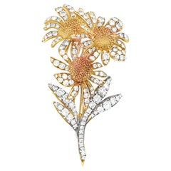 1970s 4.5ct Diamond Floral Sunburst Brooch, 18K Yellow Gold and Platinum