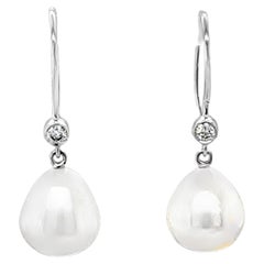 Pearl and 0.15ct Diamond 18K White Gold Drop Earrings, 9mm Cultured Pearl