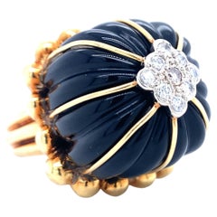Black Onyx and 0.3ct Diamond 18K Yellow Gold Dome Ring, Circa 1970s