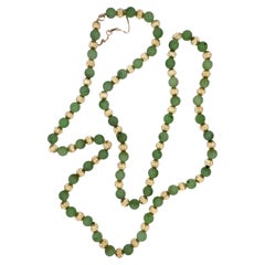 14K Gold and Green Jade Bead Necklace, 30-Inch Long Strand