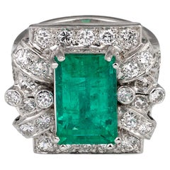 Art Deco Colombian Emerald & 1.2ct Diamond Platinum Ring, GIA 5.50ct