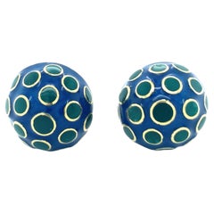 Marti Blue and Green Enamel Button Earrings, circa 1970s