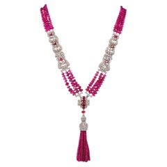 GIA 20.32ct Diamond and Ruby Bead Tassel Necklace by Tiffany & Co., Art Deco, Ci