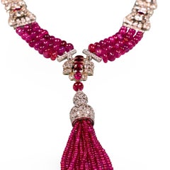 GIA 20.32ct Diamond and Ruby Bead Tassel Necklace by Tiffany & Co., Art Deco, Ci
