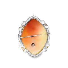 Edwardian Shell Cameo Brooch with Diamond Accent, 14K Gold Filigree