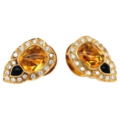 Chaumet 25.0ct Citrine, Onyx and Diamond 18K Gold Earrings, Circa 1970s