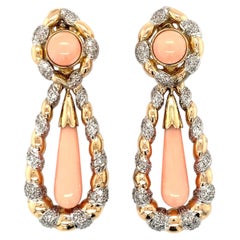 Retro Angel Skin Coral & 2.0ct Diamond 14K Gold Convertible Earrings, 1970s