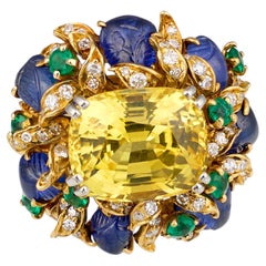 GIA 7.33ct Yellow Sapphire & Multi-Gem Cocktail Ring by Julius Cohen, Circa 1970