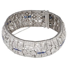 Art Deco Platinum Diamond & 1.28ct Sapphire Wide Strap Bracelet, 16.44ct