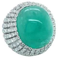 Mid-Century Cabochon 30.0ct Emerald and 3.78ct Diamond Bombé Ring in 14K White G