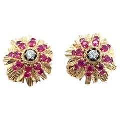 3.0ct Ruby and 0.4ct Diamond 14K Yellow Gold Flower Motif Earclips, Circa 1960s