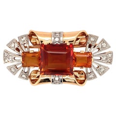 Retro 14.5ct Citrine & Diamond 14K Gold Brooch, 20ct, Circa 1940s
