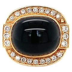 1970s Black Onyx & Diamond Dome Ring in 14K and 18K Yellow Gold, Tiered Design