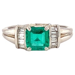 Contemporary Emerald and 0.25ct Diamond Platinum Ring, 1ct Square Step-Cut Emera