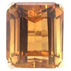 Retro 1940s Citrine 14K Rose Gold Ring, 50ct Cushion-Emerald Cut, Statement Cock