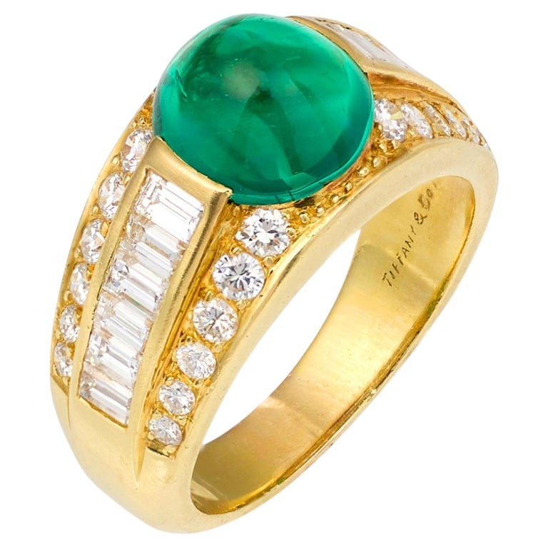 Tiffany & Co. GIA Tiffany & Co. Sugarloaf Cabochon 3.15ct Emerald Diamond Ring 18K Gold