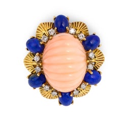 Vintage 1960s Coral Lapis Lazuli Diamond Cocktail Ring in 18K Yellow Gold