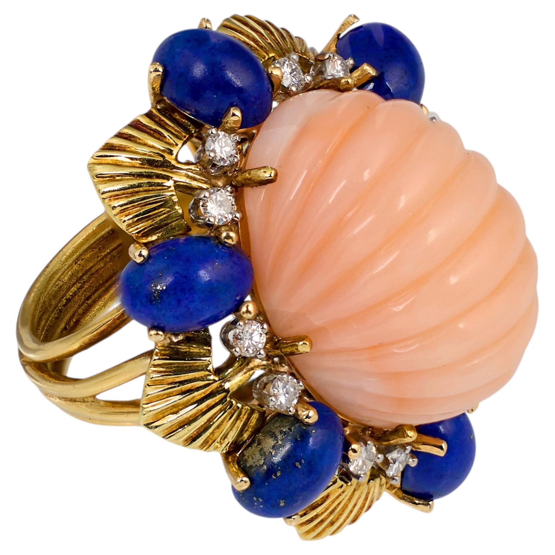 Vintage 1960s Coral Lapis Lazuli Diamond Cocktail Ring in 18K Yellow Gold