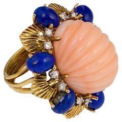 Vintage 1960s Coral Lapis Lazuli Diamond Cocktail Ring in 18K Yellow Gold
