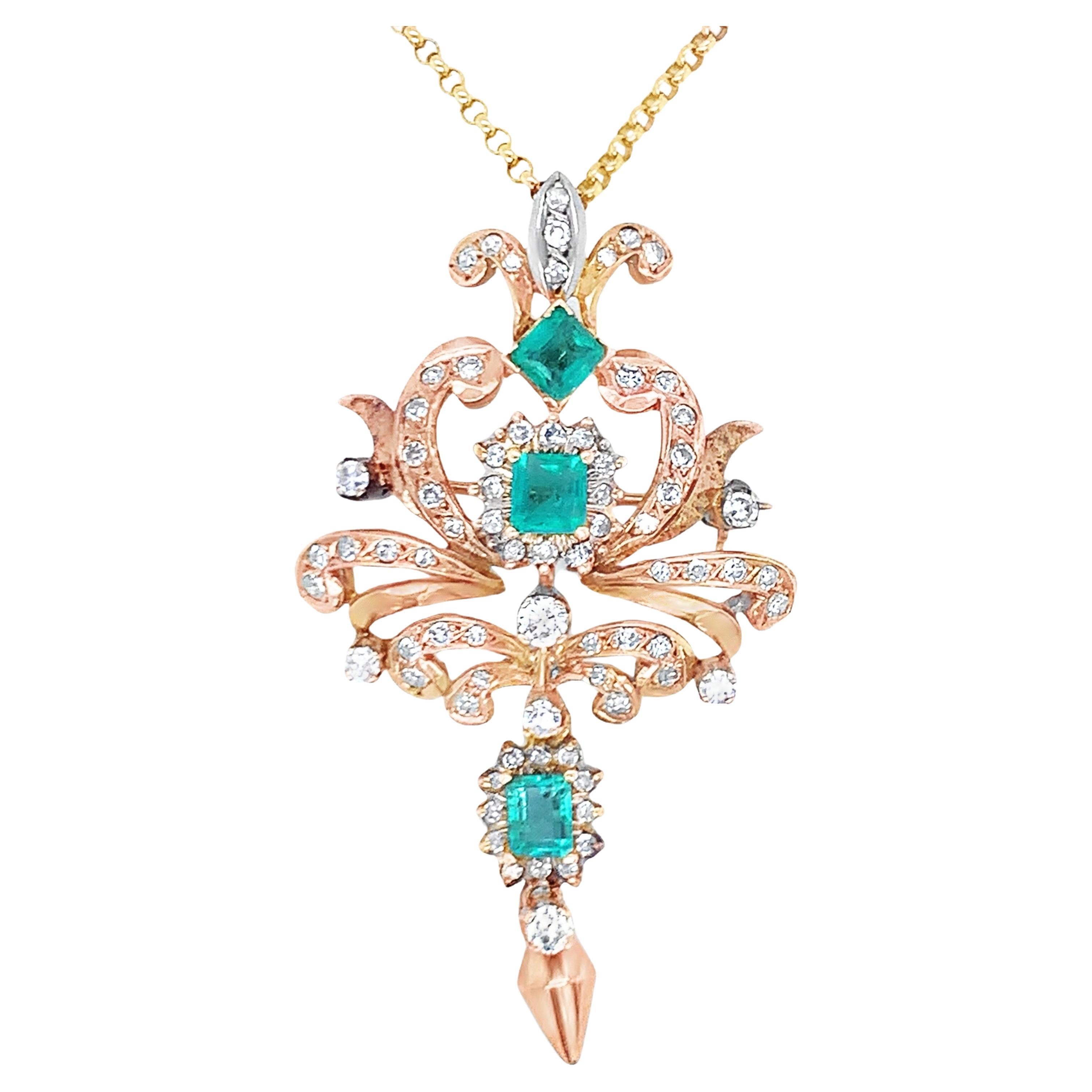 Colgante / Broche victoriano de oro de 18 quilates con esmeraldas y diamantes