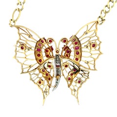 Retro 1940s Ruby and Diamond Butterfly Pendant Necklace, 18K Gold