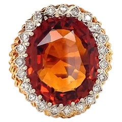 Fiery Orange Citrine Ring with Diamond Melee in Textured 18K Gold, Circa 1960s