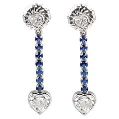 Heart Diamond and Sapphire Dangling Platinum Earrings