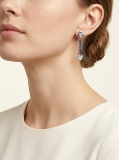 Heart Diamond and Sapphire Dangling Platinum Earrings