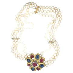 18k Yellow Gold Ruby, Sapphire, Diamond and Pearl Necklace