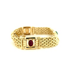 Italian 14K Gold Panther Link Bracelet, Emerald Ruby Sapphire, 1970s
