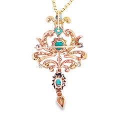 Victorian 1890s Emerald and Diamond Dangle Pendant, 18K Gold