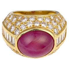 GIA Certified No-Heat 10ct Cabochon Ruby and Diamond 18K Yellow Gold Ring, circa