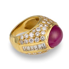 GIA Certified No-Heat 10ct Cabochon Ruby and Diamond 18K Yellow Gold Ring, circa