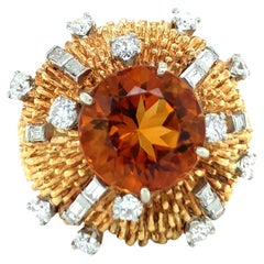 Vintage 1960s Citrine and Diamond 18K Gold and Platinum Starburst Ring, 7ct Citr