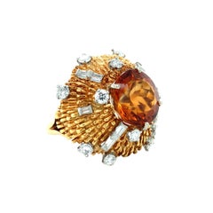 Vintage 1960s Citrine and Diamond 18K Gold and Platinum Starburst Ring, 7ct Citr