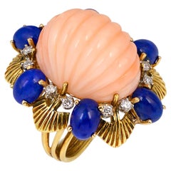 Pink Coral, Lapis Lazuli and Diamond Ring in 18K Yellow Gold, Circa 1960s
