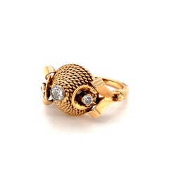 Retro 1940s Two-Tone Gold Diamond Rope Dome Ring, 18K Rose and Yellow Gold