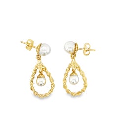 Vintage 14K Yellow Gold Pearl Dangle Earrings, Circa 1960s