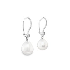 Pearl and 0.15ct Diamond 18K White Gold Drop Earrings, 9mm Cultured Pearl