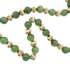 14K Gold and Green Jade Bead Necklace, 30-Inch Long Strand