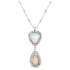 1950s 8.5ct Opal and 1.4ct Diamond Drop Pendant Necklace in 18K White Gold and P